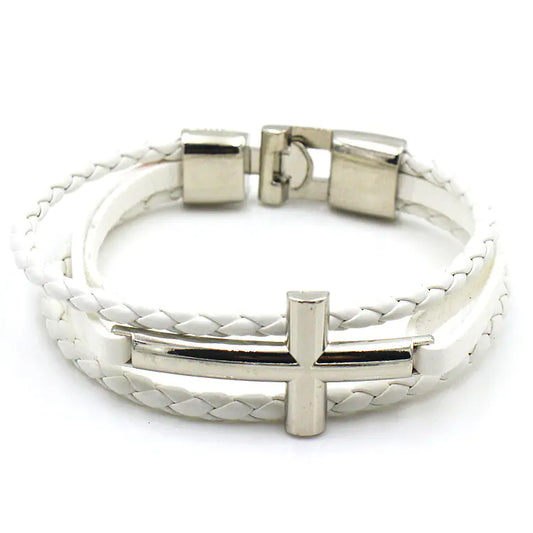 Leather Bracelet with Cross Silver Buckle