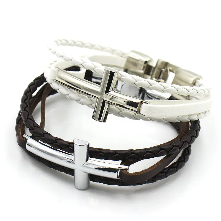 Leather Bracelet with Cross Silver Buckle