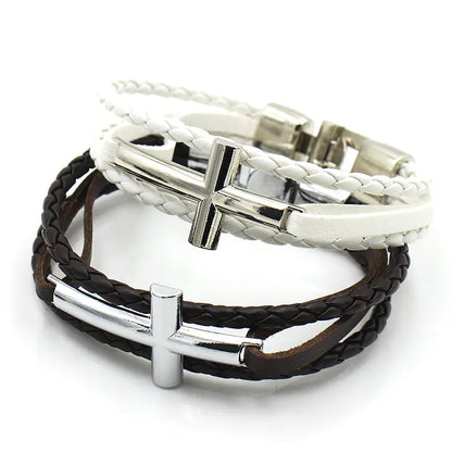 Leather Bracelet with Cross Silver Buckle