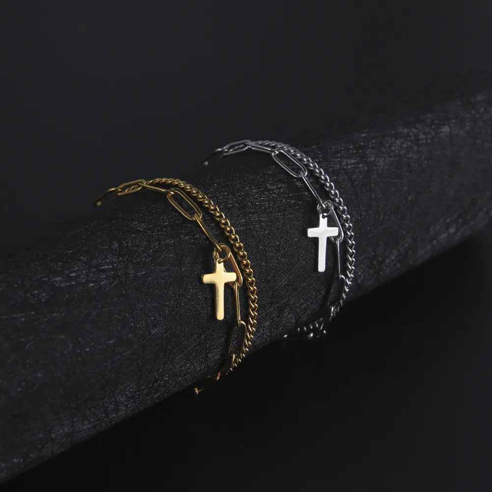 Trendy Titanium Steel Double Layer Cross Chain Bracelet
