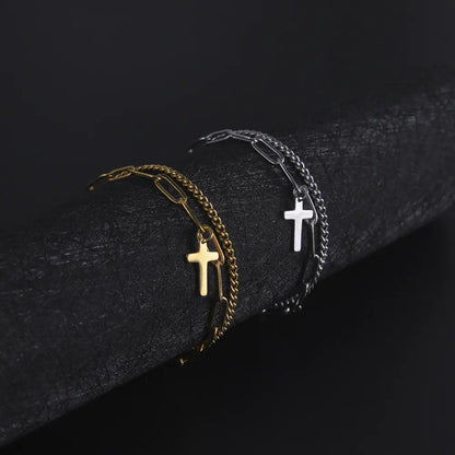 Trendy Titanium Steel Double Layer Cross Chain Bracelet
