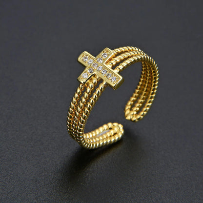 Adjustable Multilayer Diamond Zircon Cross Ring