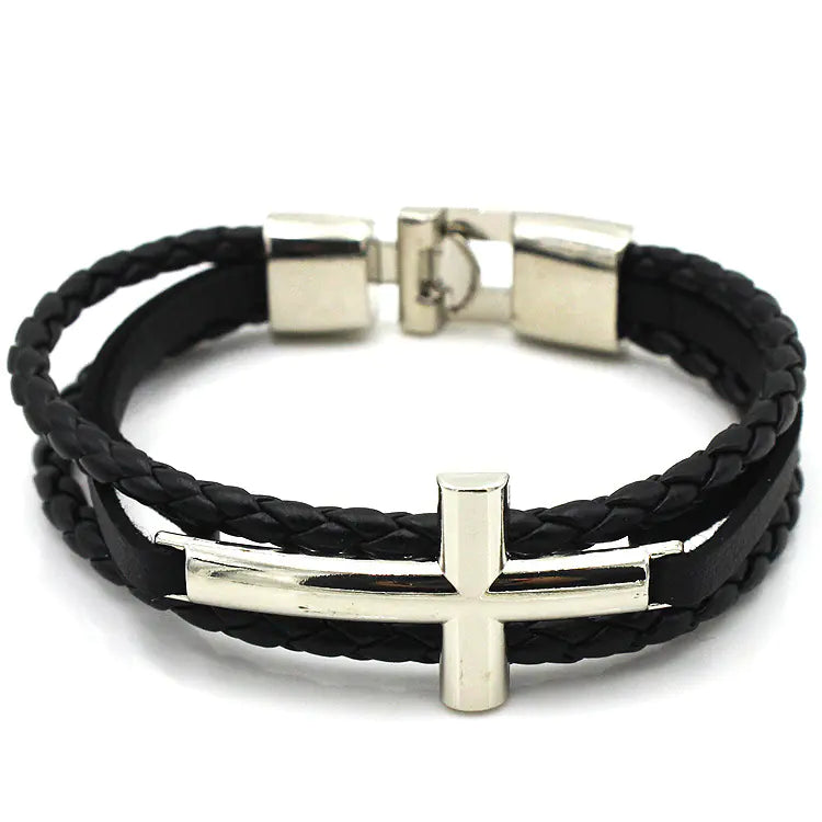 Leather Bracelet with Cross Silver Buckle
