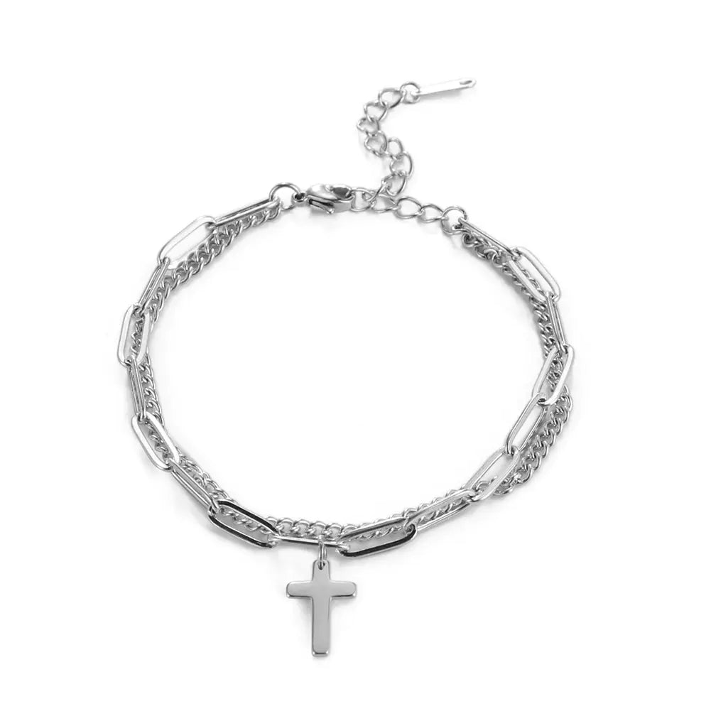 Trendy Titanium Steel Double Layer Cross Chain Bracelet