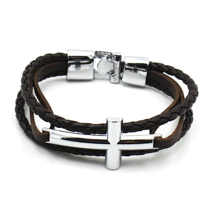 Leather Bracelet with Cross Silver Buckle