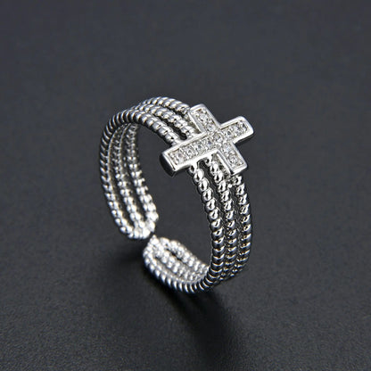 Adjustable Multilayer Diamond Zircon Cross Ring
