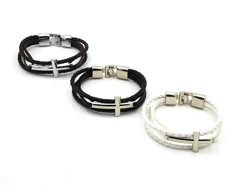 Leather Bracelet with Cross Silver Buckle