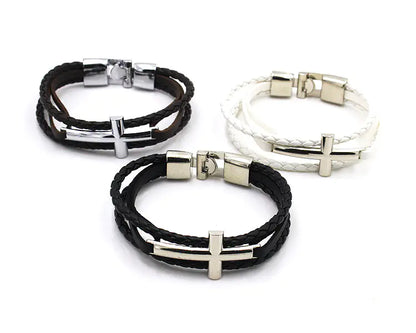 Leather Bracelet with Cross Silver Buckle