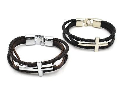Leather Bracelet with Cross Silver Buckle