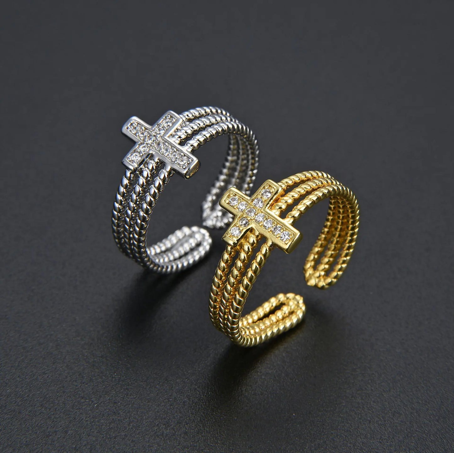 Adjustable Multilayer Diamond Zircon Cross Ring