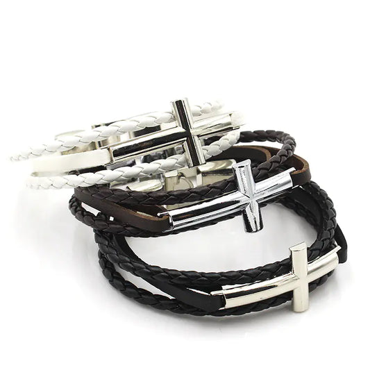 Leather Bracelet with Cross Silver Buckle